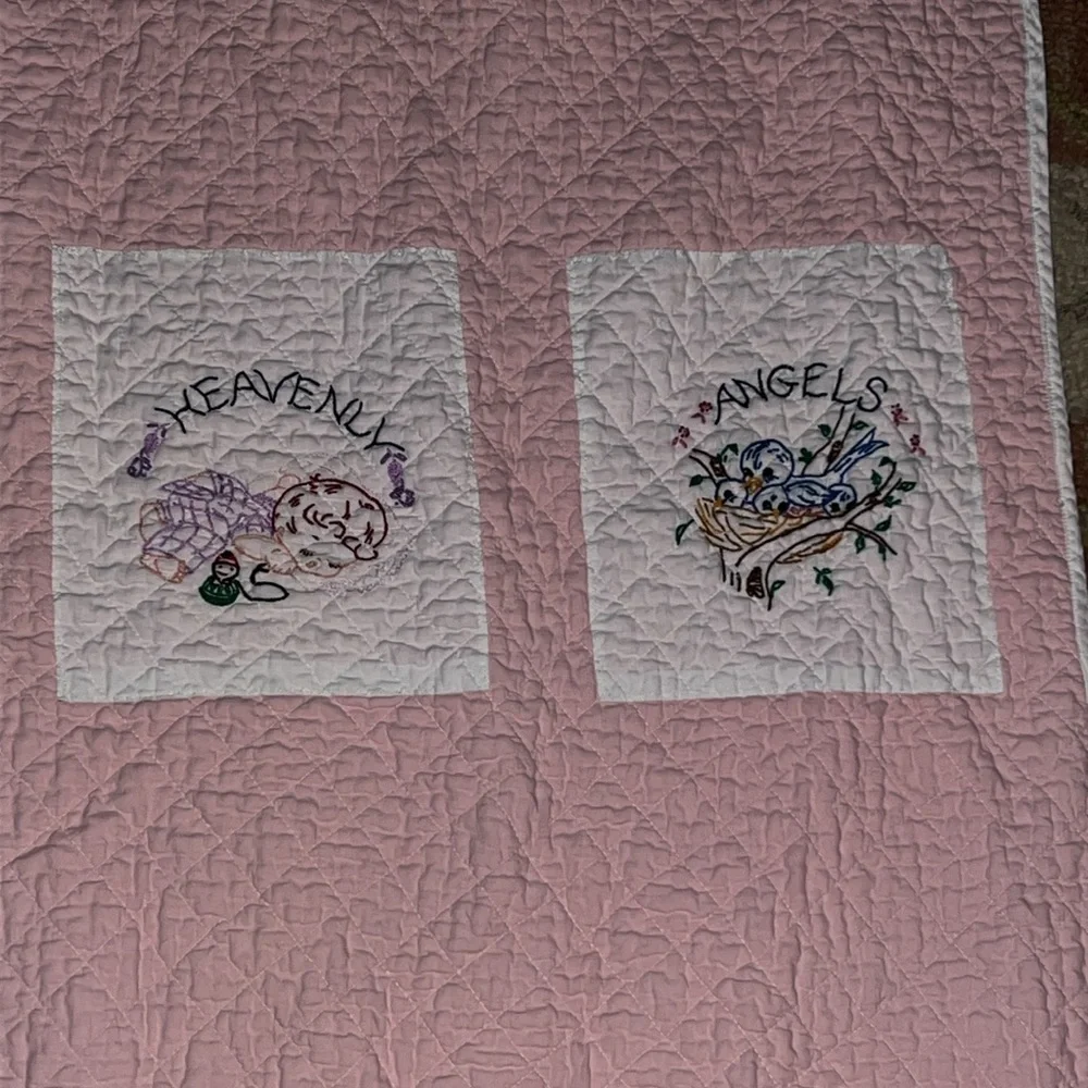 Pink Embroidered Baby Quilt handmade 50” x 32”